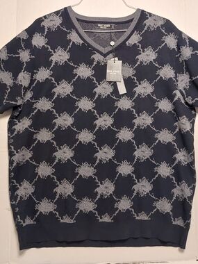 Paul Jones Men's Navy V-Neck Patterned Short-Sleeve Sweater